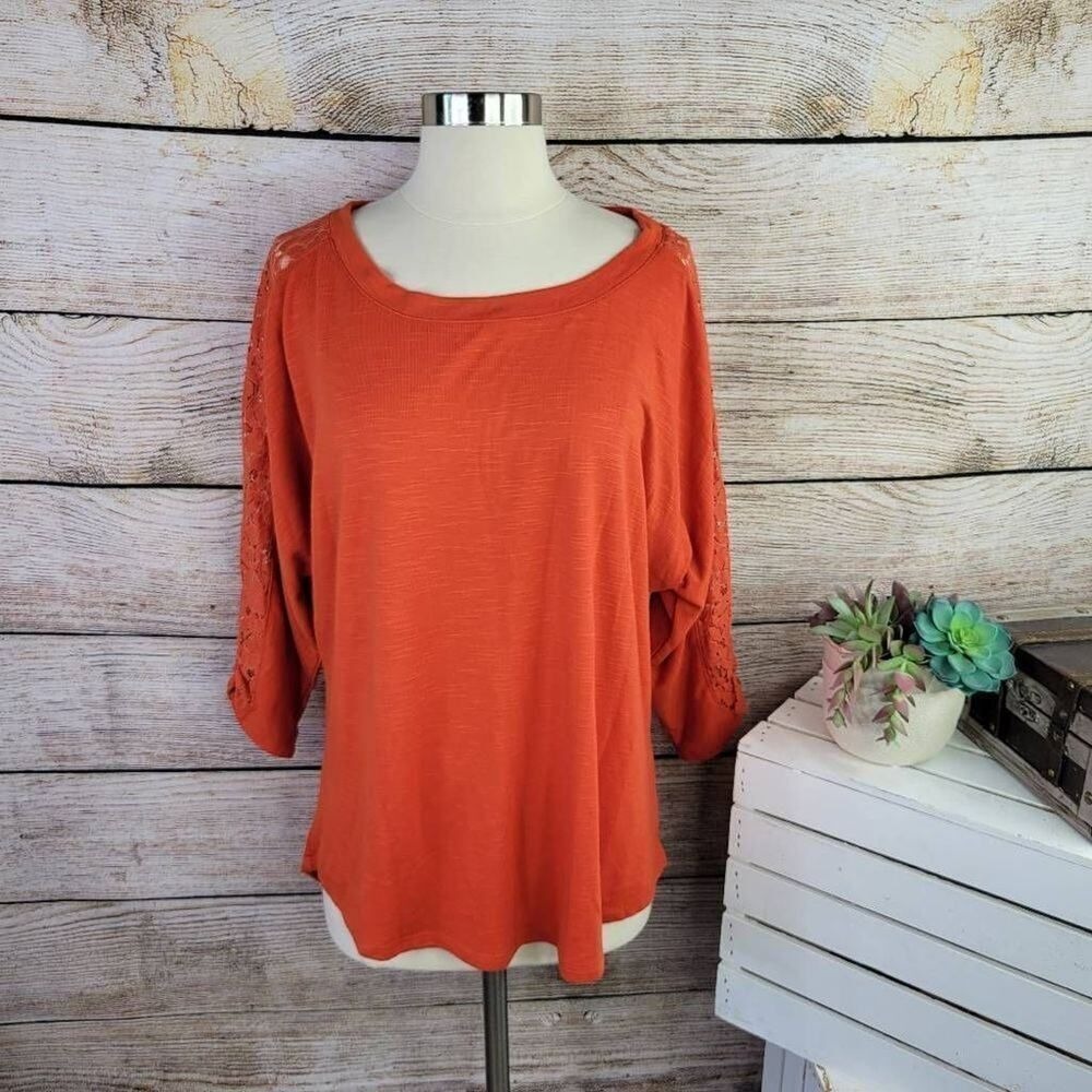 Halo Dolman Sleeve Lace‎ Detail Rounded Hem Orange Size Large Top